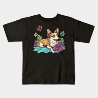 Cute Corgi Dog with Flowers in Summer Time Kids T-Shirt